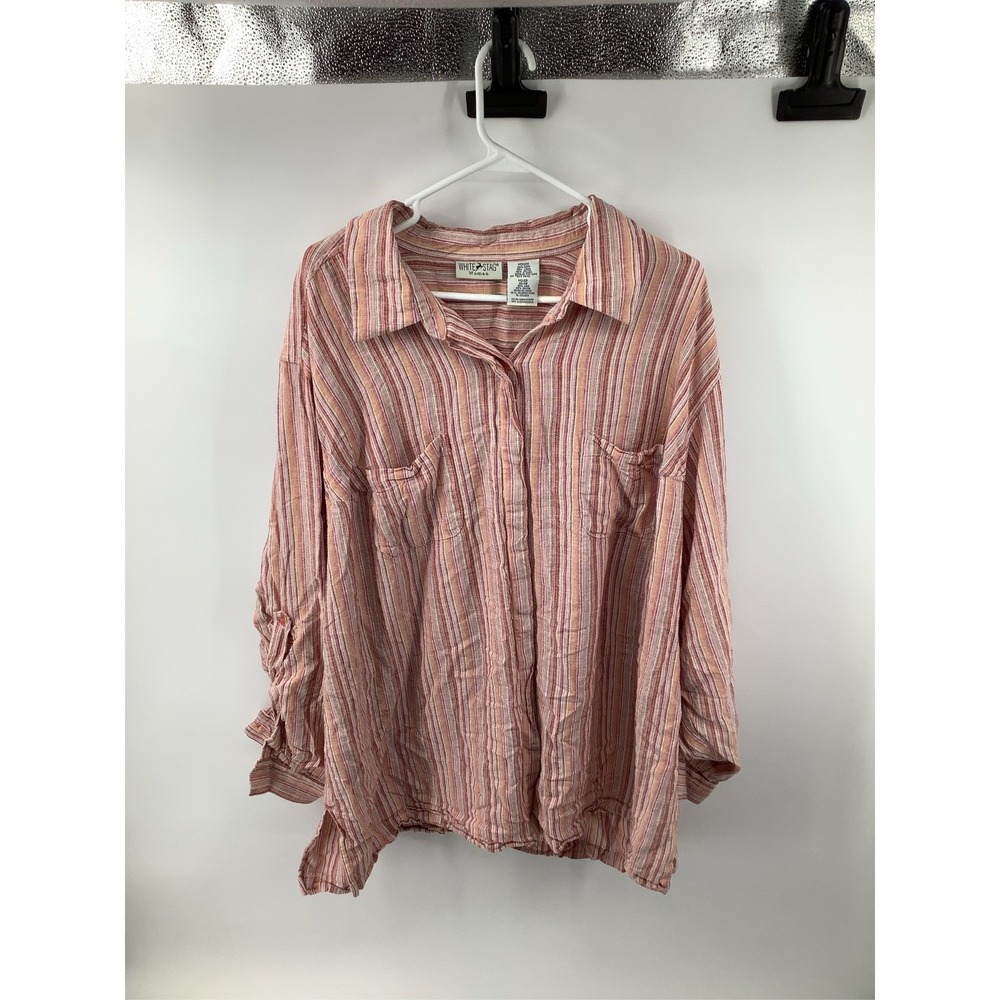 White Stag Woman Linen Blend Striped Button Down Shirt Warm Stripe Plus 26W 28W